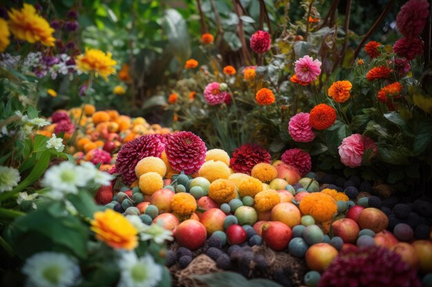 鮮やかな花と果実を持つ花壇のクローズアップ