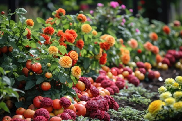 Closeup of flowerbed with vibrant blooms and fruits