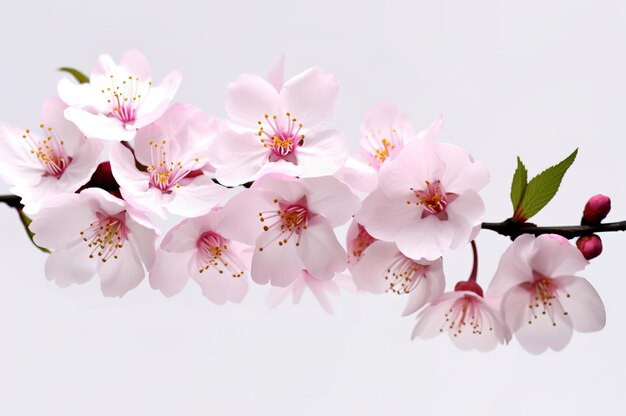 A closeup of a flowering cherry blossom branch with pink petals