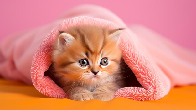 Близкий взгляд на пушистого и очаровательного котенка с очаровательными чертами на ярком фоне