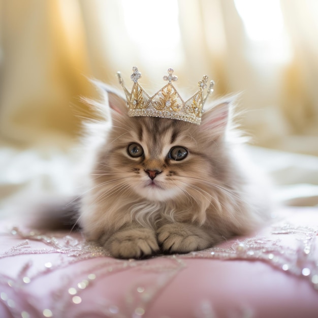 A closeup of a fluffy kitten in a crown