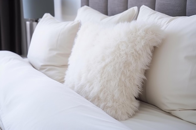 Closeup of fluffy pillows on a kingsized bed