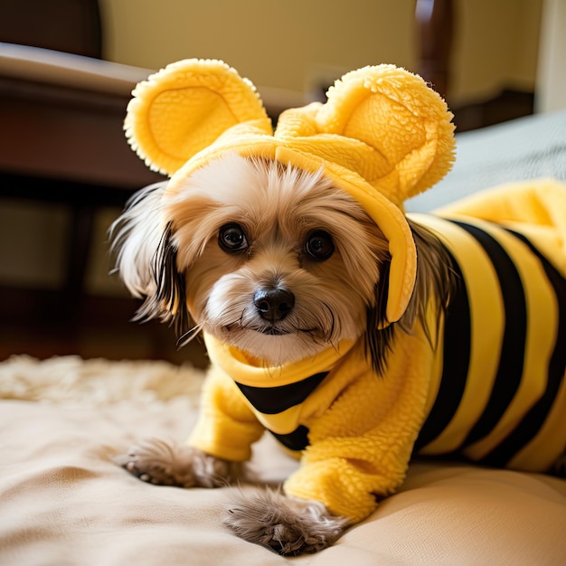 A closeup of a fluffy puppy in a bee costume