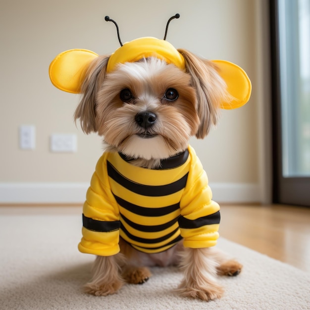 A closeup of a fluffy puppy in a bee costume