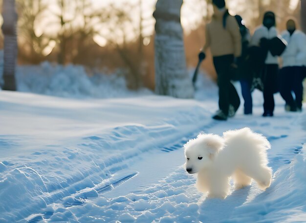 クローズアップ冬のワンダーランドをとぼとぼと歩くふわふわの白い子犬、寒さの中で息が見える