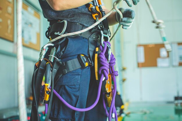 Closeup focus equipment training rope access