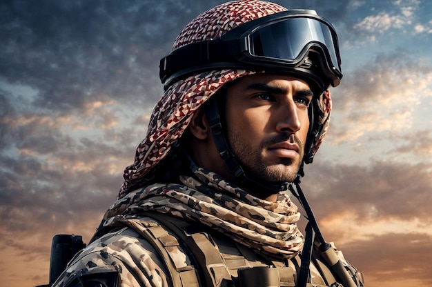 Foto close-up di un soldato arabo concentrato in abito di camuffamento con casco contro il cielo scuro sguardo sicuro confi