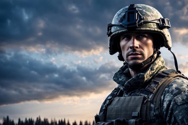 Photo closeup of focused finnish soldier in camo attire with helmet against dusky sky confident look confi