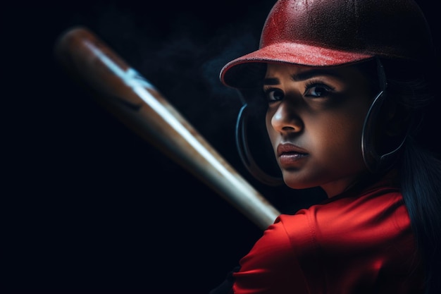 Closeup of a focused player holding a baseball bat determination in her eyes