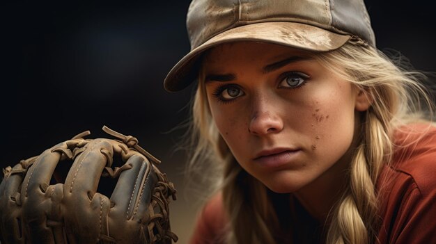 Closeup of a focused softball player with glove