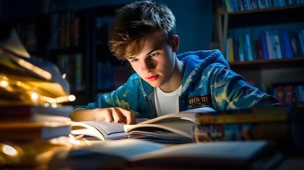 Closeup of a focused student immersed in school homework pen in hand