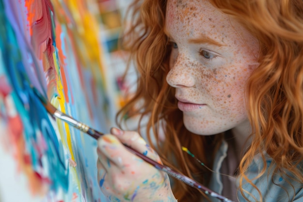 Photo closeup of a focused young girl with red hair and freckles painting on a canvas