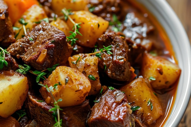 Photo closeup food photography of beef stew with potatoes