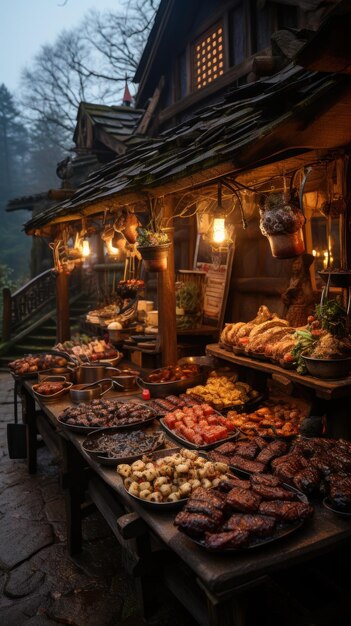 Photo a closeup of a food stand in the viking village ceated with generative ai