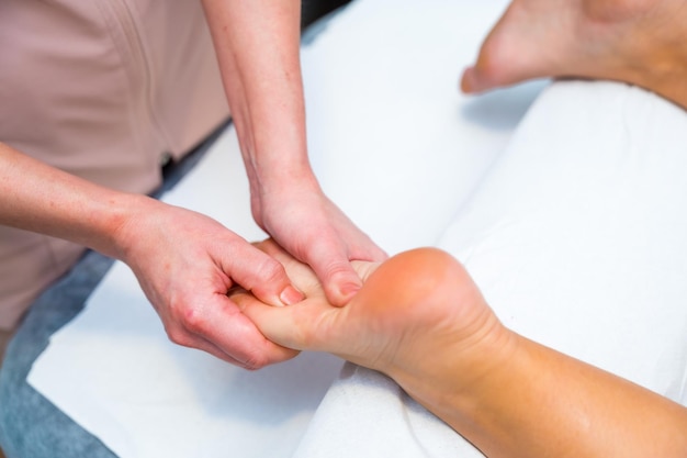 Photo closeup of a foot massage in the clinic