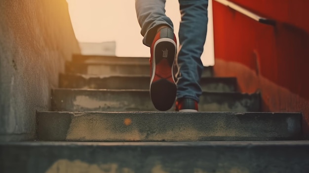 Photo closeup of the foot walking up the stair