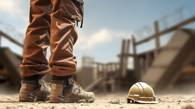未完成 の 建物 の 背景 に 描か れ て いる 作業 者 の 足 の クローズアップ