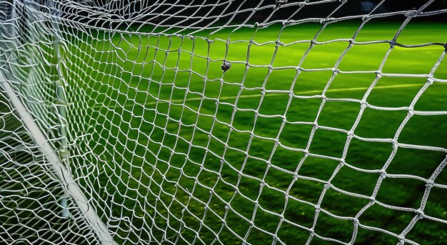 Closeup of a football goal with a vibrant green field in the background ideal for sports and