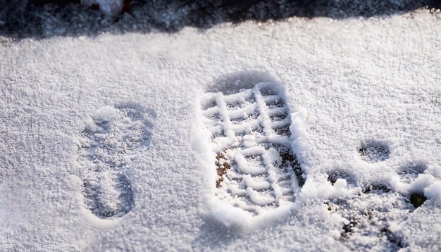 Closeup of a footprint in fresh snow Starshaped shoe tracks during a cold and sunny winter day