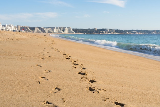 알가로보 칠레의 화창한 날 배경이 흐릿한 해변 모래에 발자국 클로즈업