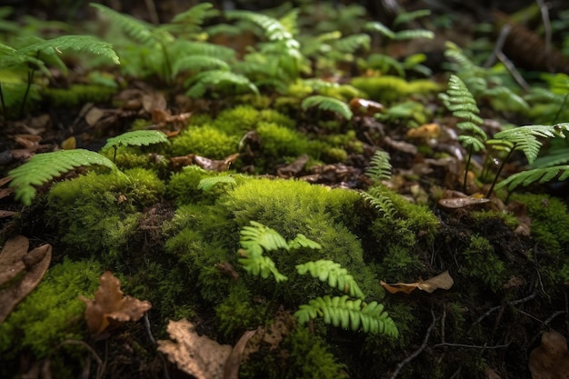 Closeup of forest floor with moss and ferns sprouting from the ground