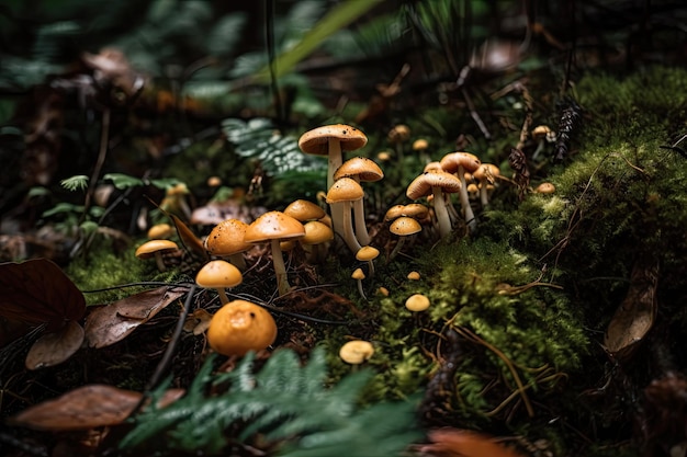 Closeup of forest floor with mushrooms insects created with generative ai