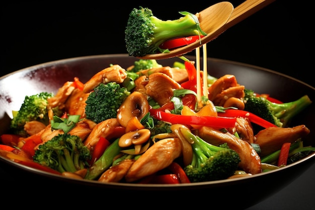 Photo closeup of a fork lifting a mouthwatering chicken stir fry