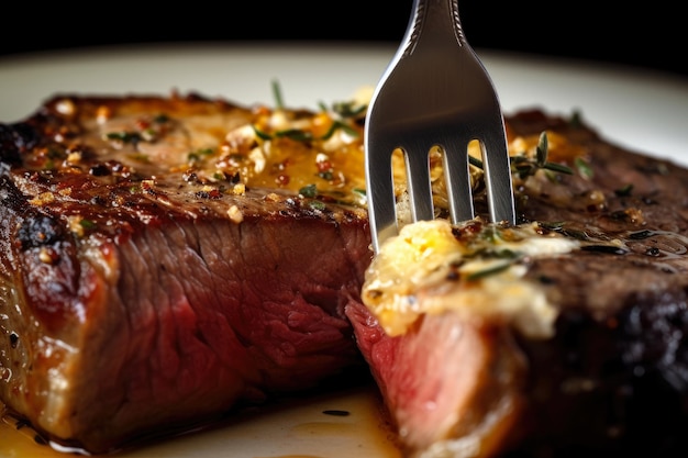 Closeup of a fork slicing through a succulent mediumrare steak with melted butter