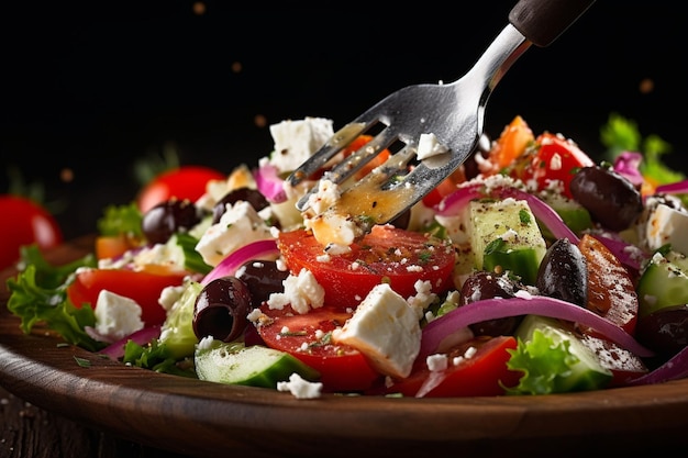 Closeup of a fork taking a bite of Greek Salad