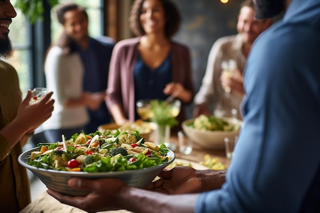 Photo closeup of a forkful of salad being lifted from a bowl