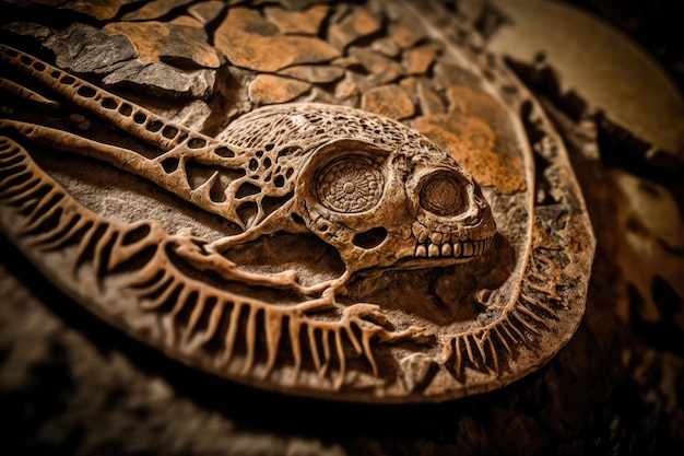 Крупный план окаменелой кости динозавра с видимыми сложными деталями
