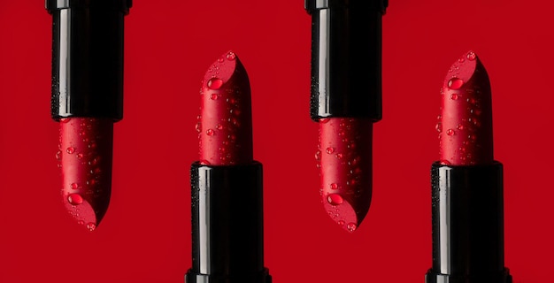 Photo closeup on four red lipsticks in splashes of water on a red background