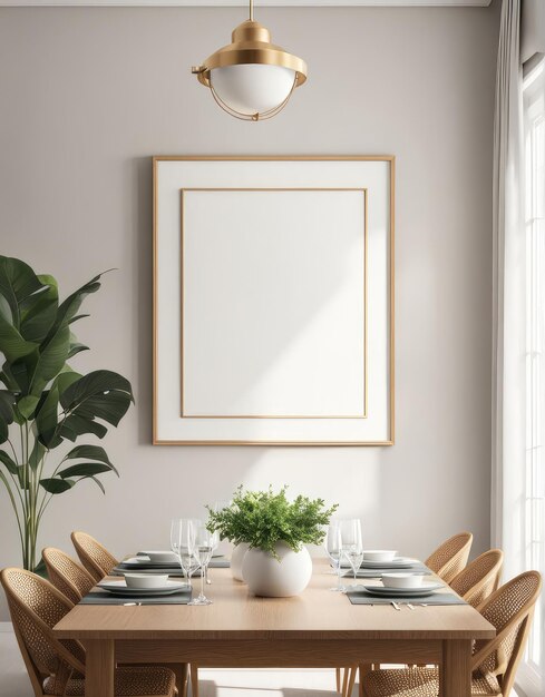 Photo closeup frame mockup in dining room interior 3d rendering