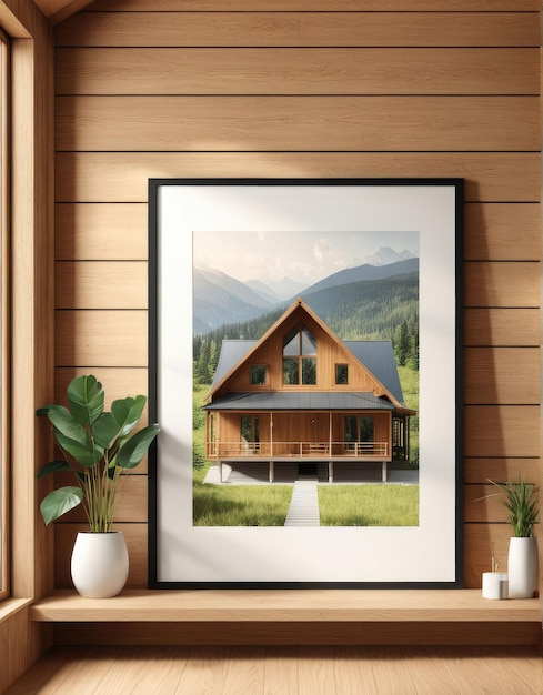 Closeup frame mockup in a wooden house 3d rendering