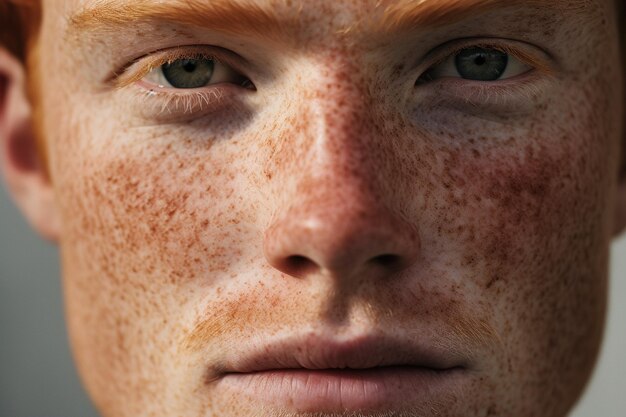 Photo closeup of freckled man looking at camera