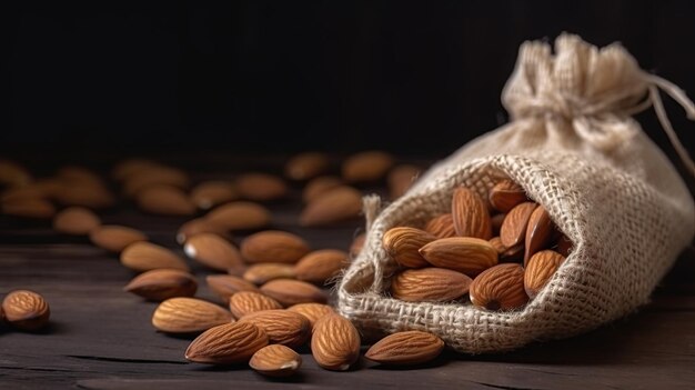 closeup of fresh almonds in a bag