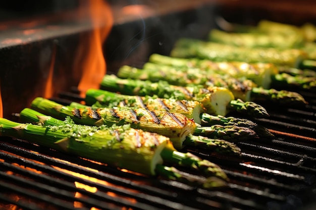 Closeup of fresh asparagus spears on a hot grill created with generative ai