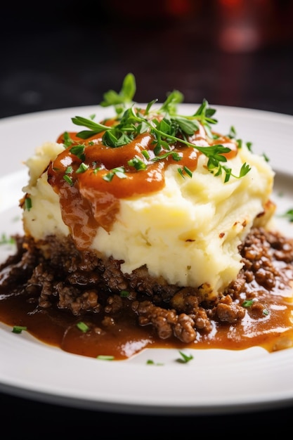 Closeup of fresh baked cottage shepherds traditional pie with greens on a restaurant table