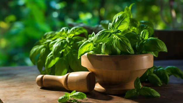 Closeup of fresh basil in a mortar and pestle