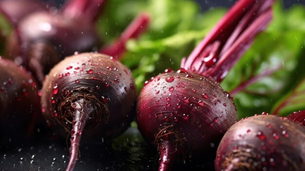 Foto close-up di verdure fresche di barbabietole con gocce d'acqua sopra