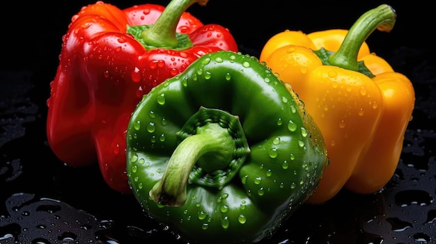 Closeup fresh bell peppers on a wooden table on a black background