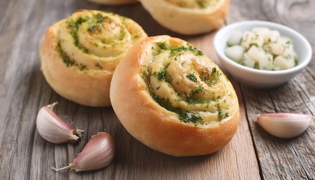 Photo closeup of fresh bread buns with garlic and pepper on wooden table tasty bakery delicious food