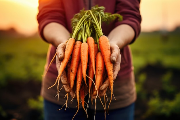 CloseUp of Fresh Carrots in Hands with a Field in the Background