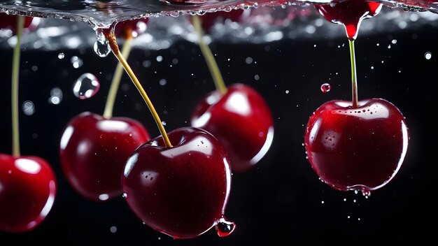 Photo closeup of fresh cherry falling into water with splash and drops on black background