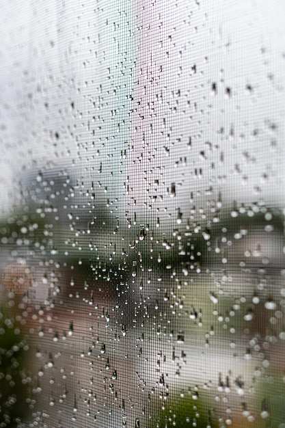 창 화면에 신선한 깨끗한 빗방울의 근접 촬영