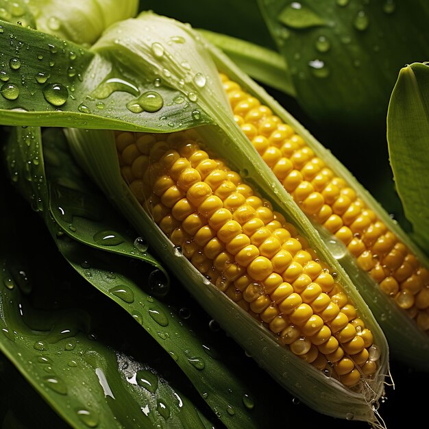 Closeup of fresh corns with green leaves