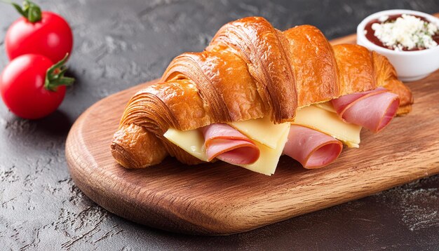 Foto close-up di croissant fresco con prosciutto e formaggio cibo gustoso per pranzo panetteria deliziosa