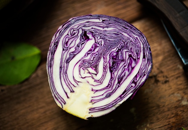 Closeup of fresh cut organic red cabbage