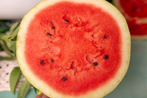 Closeup of a fresh cut watermelon half texture of watermelon