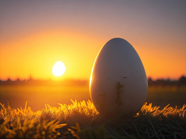 Photo closeup of a fresh egg farm background at sunset ai generative